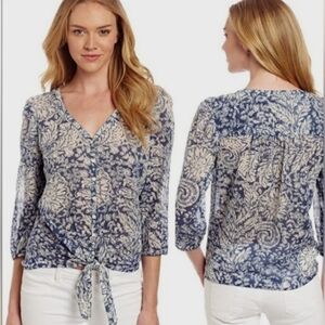 2763) Lucky Brand Blue Floral Paisley Long Sleeve Button Down Tie Front Top